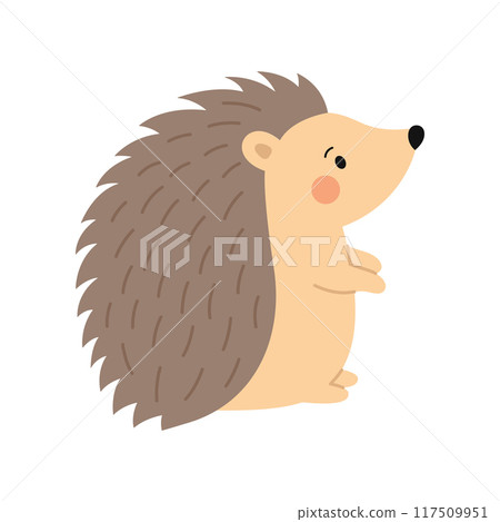 Cute hedgehog isolated on white background. Cartoon standing hedgehog character. Forest animal. Vector flat illustration 117509951