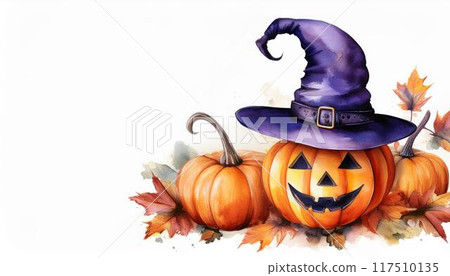 Watercolor Halloween pumpkin ghost with witch hat. Jack-o-lantern. Copy space. 117510135