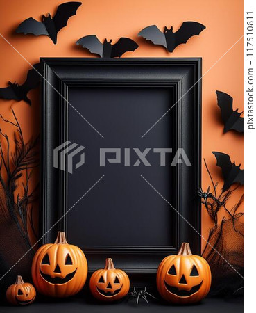 萬聖節南瓜鬧鬼的南瓜燈、蝙蝠和黑色相框。 117510811