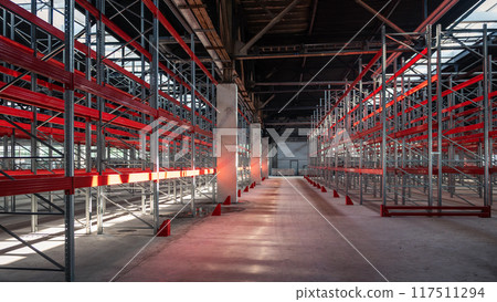 Warehouse with empty high pallet racks, shelving system 117511294