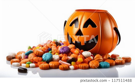 Halloween jack-o'-lantern bucket overflowing with candy 117511488