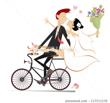 Happy married wedding couple rides a bicycle. Happy lovers characters. Happy bridegroom with a bride on the hand rides a bicycle. Isolated on white background 117511576