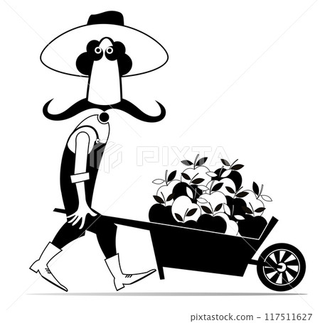 Farmer or gardener rolls a cart full of apples. Cartoon farmer or gardener rolling a cart full of apples. Agriculture, farming. Black and white illustration Farmer or gardener rolls a cart full of apples. Cartoon farmer or gardener rolling a cart full of apples. Agriculture, farming. Black and white illustration 117511627