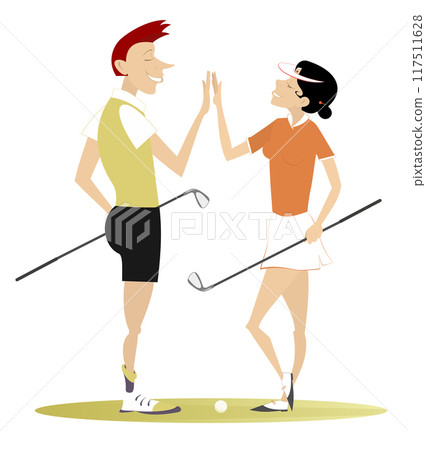 Golf course. Man and woman play golf. Golf course. Man and woman congratulate one another with a good shot Golf course. Man and woman play golf. Golf course. Man and woman congratulate one another with a good shot 117511628