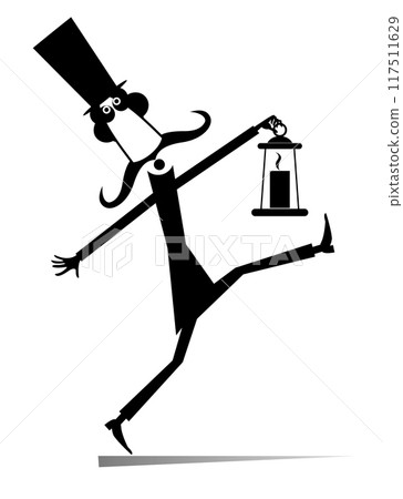Cartoon man in the top hat holding an old lantern. Cute long mustache man in the top hat holding a vintage lit lantern. Black and white illustration Cartoon man in the top hat holding an old lantern. Cute long mustache man in the top hat holding a vintage lit lantern. Black and white illustration 117511629