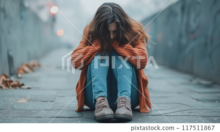 Crumpled paper human face head amidst blue paper debris conceptual image 117511867