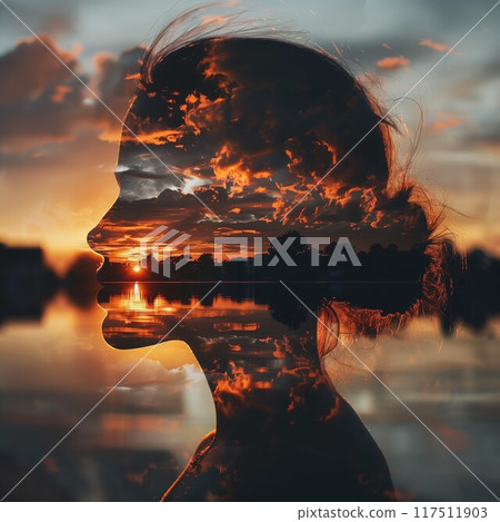 Crumpled paper human face head amidst blue paper debris conceptual image Crumpled paper human face head amidst blue paper debris conceptual image 117511903