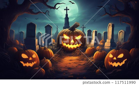 Halloween pumpkins in a graveyard 117511990