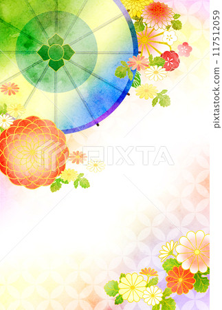 New Year's card: Japanese umbrella and flowers with texture 117512059