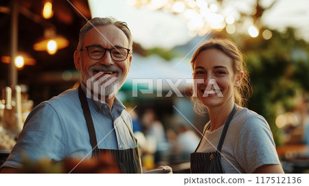 Waiter and a waitress are posing for a portrait, smiling and wearing matching aprons, symbolizing teamwork 117512136