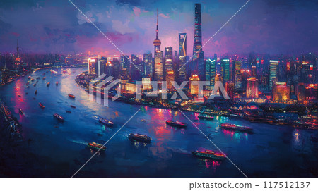 Vivid and colorful portrayal of the Shanghai skyline at night, with boats gliding along the Huangpu river 117512137