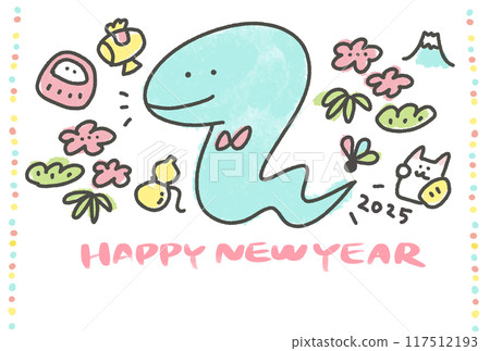 2025 年新年賀卡，上面有可愛的蛇和幸運符 117512193