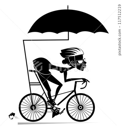 Young woman rides a bicycle under an umbrella. Smiling woman in helmet rides a bike and protects herself with umbrella. Black and white illustration 117512219