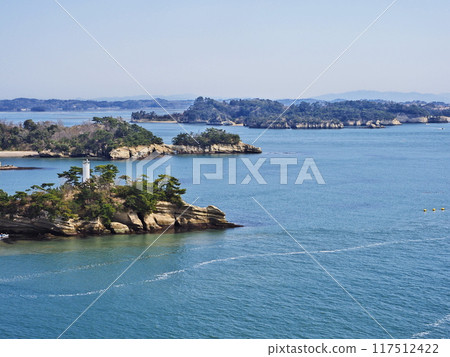 View of Matsushima, one of Japan's Three Most Scenic Views, from Tamonzan Observatory Park in spring 117512422