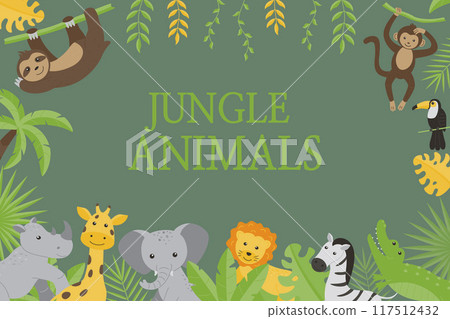 Childrens horizontal background with images of wild jungle animals giraffe, elephant, zebra, rhinoceros, toucan, monkey, sloth, lion, crocodile. Flat vector illustrations for children. Childrens horizontal background with images of wild jungle animals giraffe, elephant, zebra, rhinoceros, toucan, monkey, sloth, lion, crocodile. Flat vector illustrations for children. 117512432