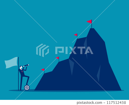 Ambition to success and achieve target, career growth or business goals, challenge to win, achievement. Motivated businessman reach mountain peak aiming to achieve higher targets. Ambition to success and achieve target, career growth or business goals, challenge to win, achievement. Motivated businessman reach mountain peak aiming to achieve higher targets. 117512438