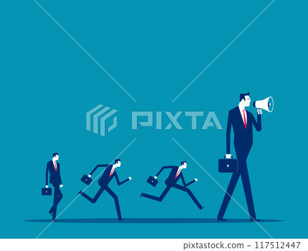 Leadership for team direction, success strategy, lead team to achieve goal, inspiration or motivate employee, manager or company mission concept, businessman leader megaphone pointing team direction. 117512447