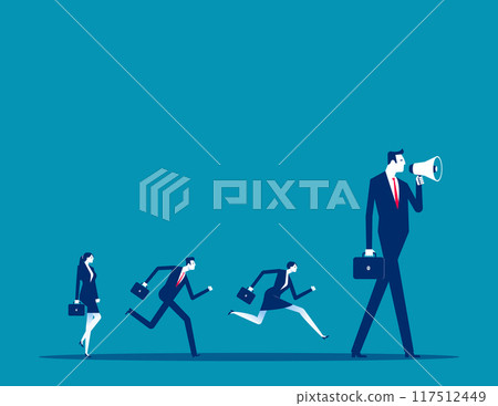 Leadership for team direction, success strategy, lead team to achieve goal, inspiration or motivate employee, manager or company mission concept, businessman leader megaphone pointing team direction. Leadership for team direction, success strategy, lead team to achieve goal, inspiration or motivate employee, manager or company mission concept, businessman leader megaphone pointing team direction. 117512449