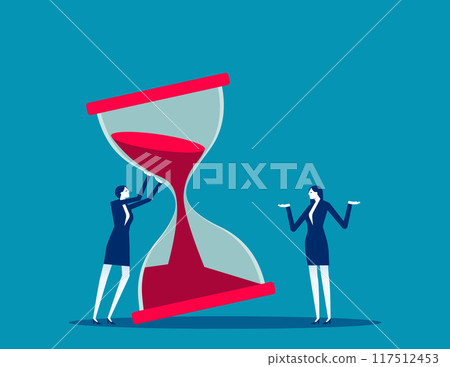 Time management concept. Nervous entrepreneur trying to stop hourglass or sandglass before it fall. Project deadline, running out of time. Flat vector illustration. 117512453
