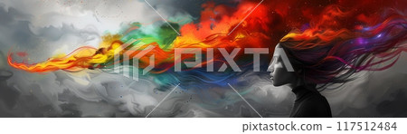 Young woman profile flowing colorful hair stormy multicolor contrast illustration 117512484