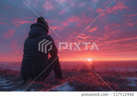 Solitary man sitting contemplation watching sunrise field snow winter cold Solitary man sitting contemplation watching sunrise field snow winter cold 117512488