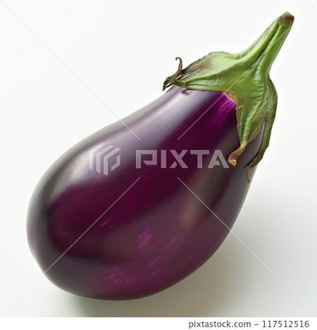 Close-up of a glossy purple eggplant on a white background highlighting its smooth texture 117512516