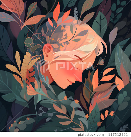 A sleeping young woman's face blends with dark green plants and flowers 117512531