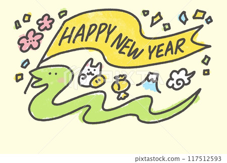 New Year's card with a snake parading with a flag and a lucky charm for the New Year 2025 117512593