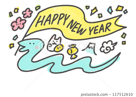 New Year's card with a snake parading with a flag and a lucky charm for the New Year 2025 New Year's card with a snake parading with a flag and a lucky charm for the New Year 2025 117512610