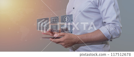 Hand young man uses tablet for Signing tax online 117512678