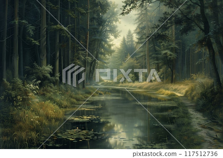 Forest river lush trees foggy dawn trees nature landscape water illustration 117512736
