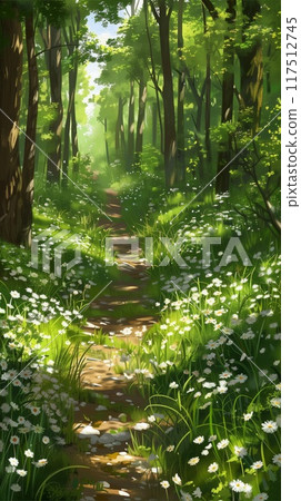 Sunlit forest path blooming daisies through green woodland illustration 117512745