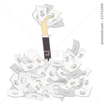 Success in business. Hand with paper currency. Gambling. Lottery. Hand with paper currency rising from the big pile of money. Business concept illustration Success in business. Hand with paper currency. Gambling. Lottery. Hand with paper currency rising from the big pile of money. Business concept illustration 117512849