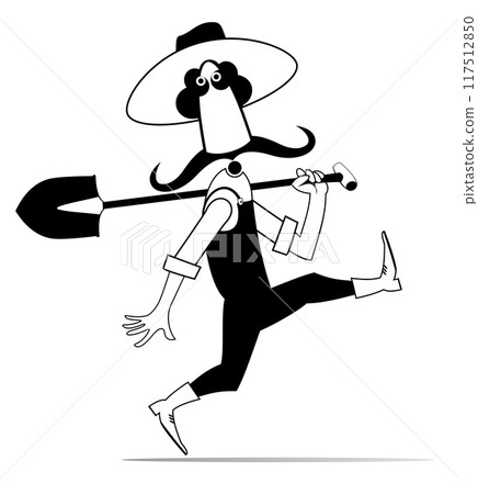 Agriculture, farming. Worker holding a shovel on the shoulder. Walking cartoon farmer or gardener with shovel on the shoulder. Black and white illustration 117512850