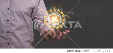 Young man hand holding globe virtual connect via wireless internet in a world of digital technology 117512874