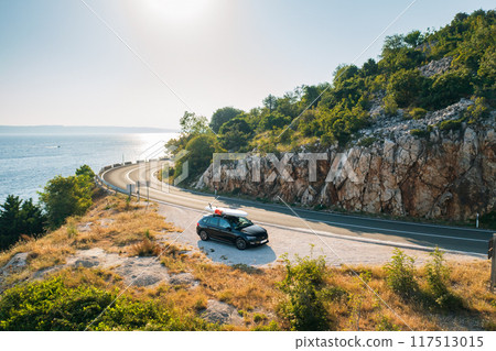 Car with a SUP lashed onto its roof, parked on the side of a quiet country road, with the shimmering sea visible through the trees Car with a SUP lashed onto its roof, parked on the side of a quiet country road, with the shimmering sea visible through the trees 117513015