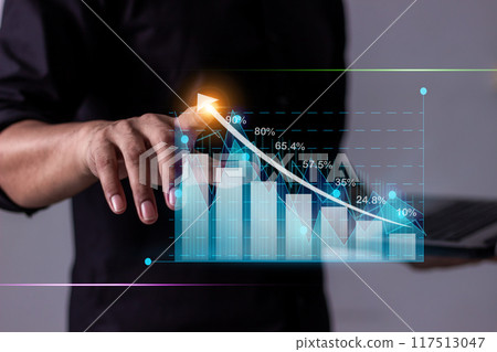 Hand young business man touch Value of money and investment for success and wealth analysis Hand young business man touch Value of money and investment for success and wealth analysis 117513047
