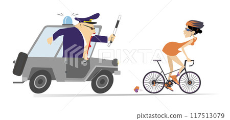 Angry traffic policeman pursues the cyclist woman on the car. Frightened cycling woman tries to ride away from the shouting angry traffic policeman, pursuing him on the police car. Isolated on white 117513079