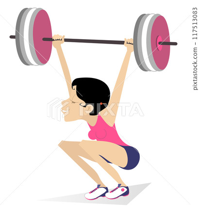Cartoon woman weightlifter. Woman lifting heavy barbell during workout Female weightlifter training strength gym sport. Cartoon athlete performing powerlifting 117513083