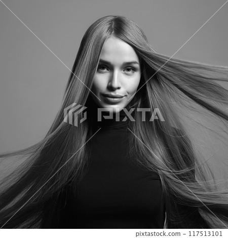 beautiful blond young happy woman. black and white portrait 117513101