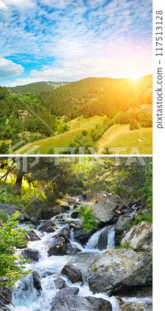 Picturesque mountain landscape with mountain ranges, forests and river. Collage. Vertical photo. 117513128