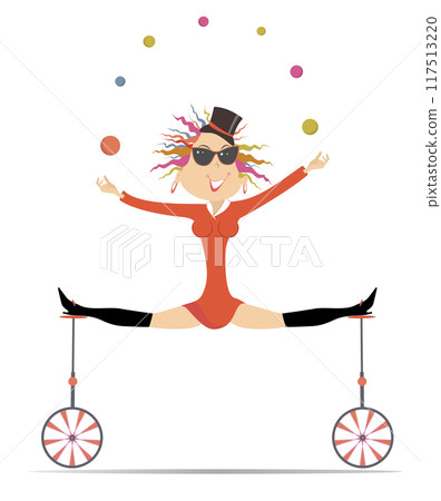 Equilibrist woman on the unicycle juggles balls. Sexy young woman in the top hat balances on two unicycles and juggles the balls. White background 117513220