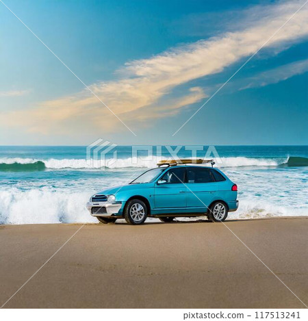 A blue car driving on a sandy beach A blue car driving on a sandy beach 117513241