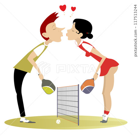 Pickleball court. Man and woman falling in love and kissing. Young man and woman playing pickleball. Love couple kissing on the pickleball court. Isolated on white background Pickleball court. Man and woman falling in love and kissing. Young man and woman playing pickleball. Love couple kissing on the pickleball court. Isolated on white background 117513244