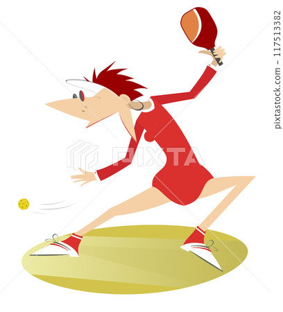 Cartoon woman playing pickleball. Cartoon woman plays pickleball. Isolated on white background Cartoon woman playing pickleball. Cartoon woman plays pickleball. Isolated on white background 117513382