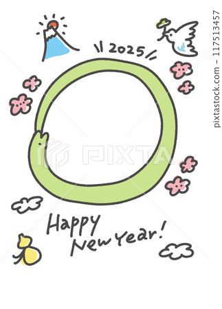 可愛的新年賀卡照片，帶有蛇和幸運符相框 Reiwa 7 2025 117513457