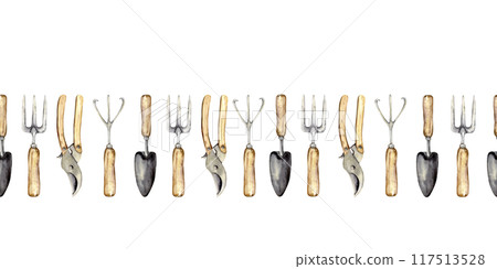 Seamless garden border with trowel, hoe, pruners Seamless garden border with trowel, hoe, pruners 117513528