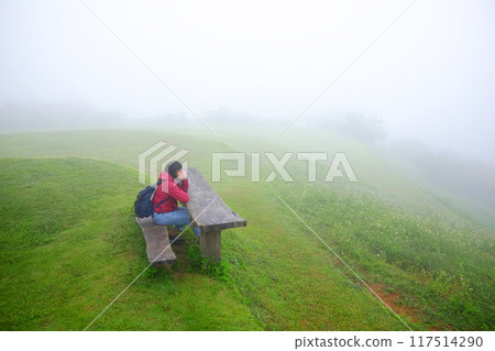 Asian young woman in red raincoat and bag sitting on wooden bench in green grass field and foggy with mist on mountain in rainy season. Travel in Asian 117514290