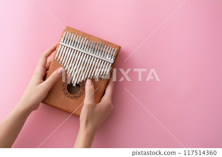 Female hands with a kalimba on a pink background. Flat lay Female hands with a kalimba on a pink background. Flat lay 117514360
