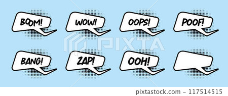 Comic speech bubbles with halftone shadows. Vector illustration in pop art style Comic speech bubbles with halftone shadows. Vector illustration in pop art style 117514515